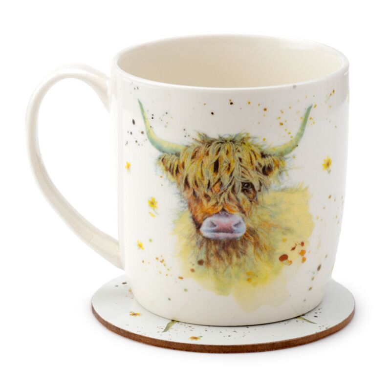 Jan Pashley Highland Cow ceramic mug and matching coaster set featuring countryside cow artwork.