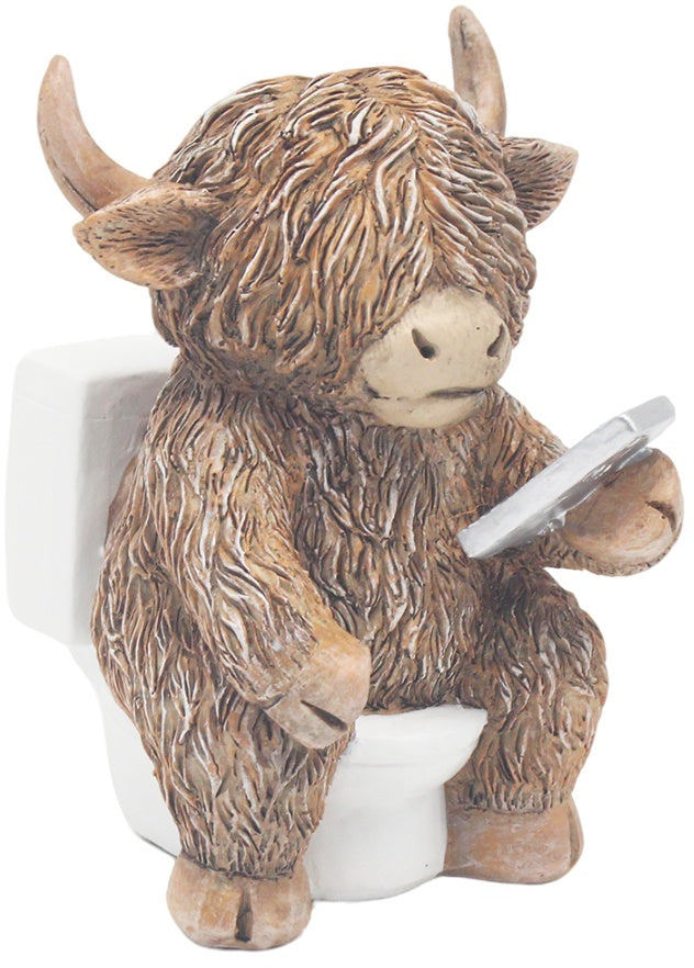 Rustic Highland Cow Novelty Figure Sat On The Toilet