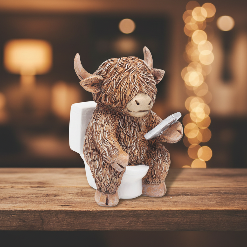 Highland Cow Toilet Figurine – Wooden Shelf