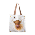Jan Pashley Highland Cow polycotton tote bag featuring printed countryside cow artwork and carry handles.