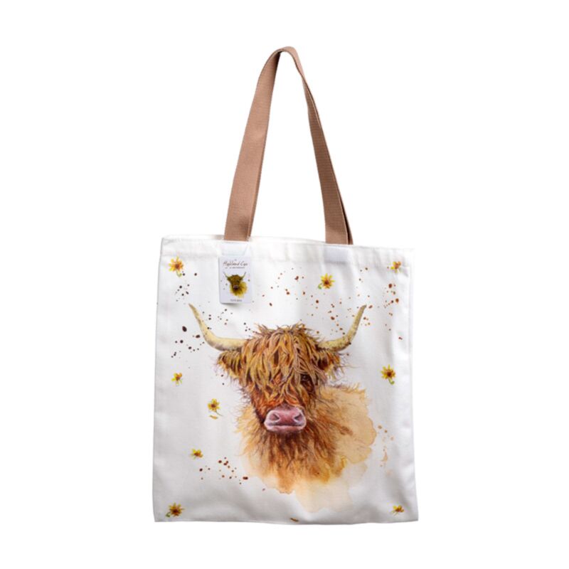 Jan Pashley Highland Cow polycotton tote bag featuring printed countryside cow artwork and carry handles.