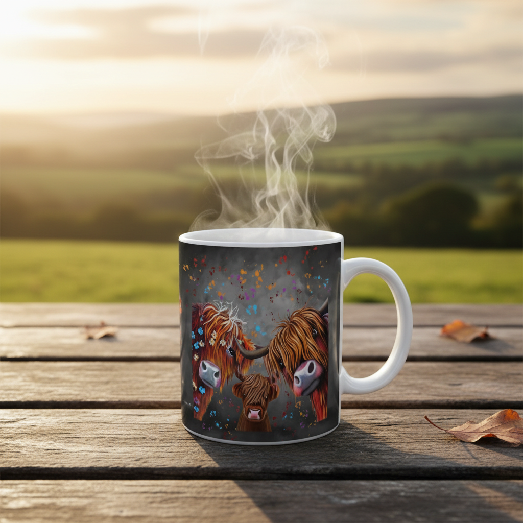 Ceramic mug featuring Highland cow herd artwork by Deborah Barker with detailed colourful countryside-inspired illustration.