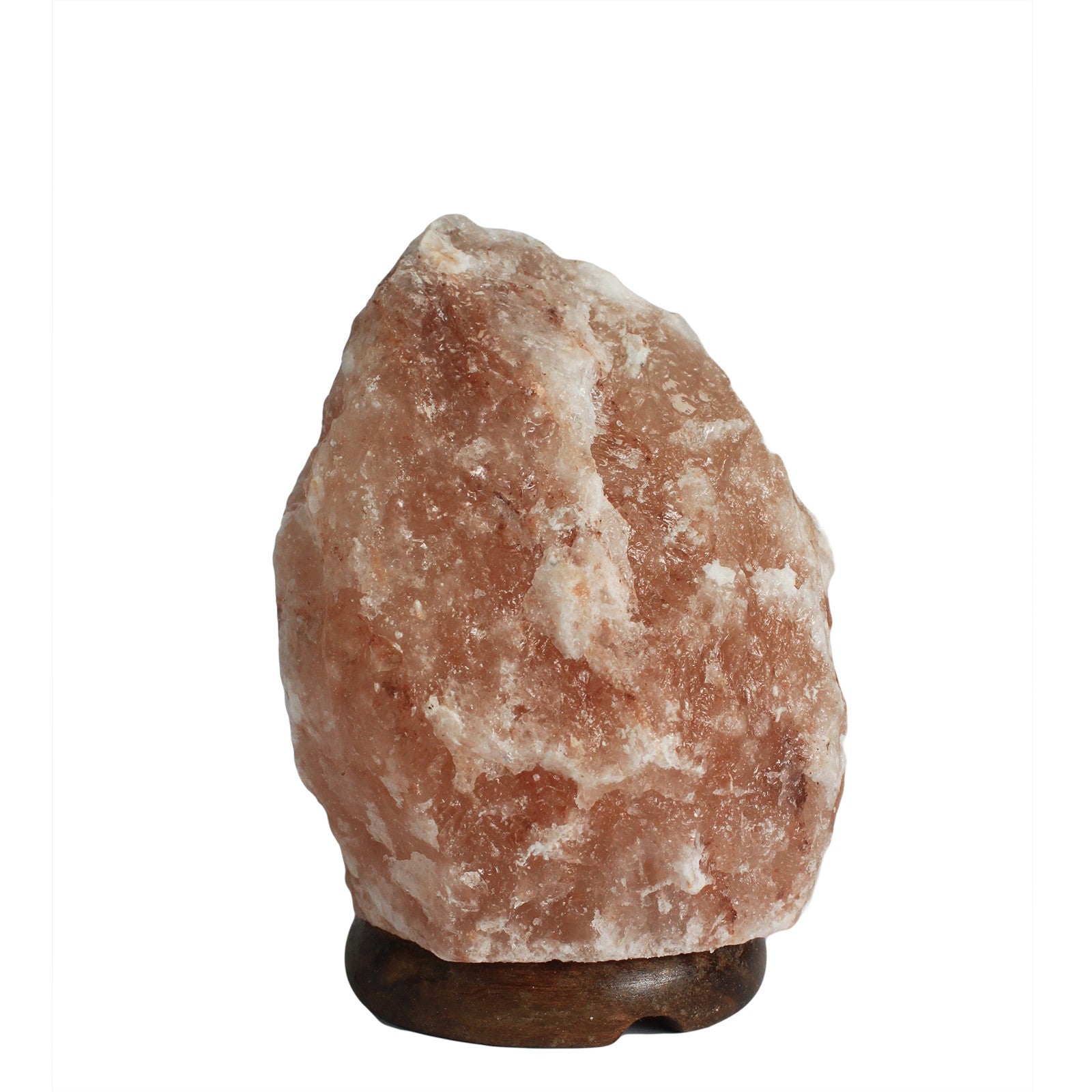Natural pink Himalayan salt lamp (1.5–2kg) on a dark wooden base, on a white background