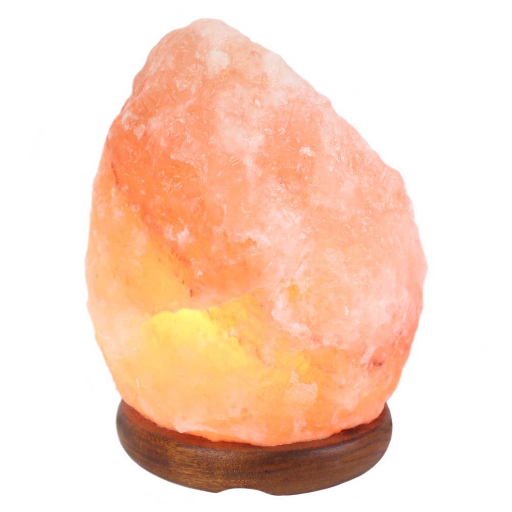 Natural pink Himalayan salt lamp (3–4kg) on a dark wooden base, on a white background