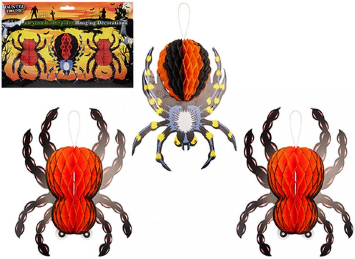 Three honeycomb paper spider hanging decorations, two in orange and black and one in black and yellow, shown with product packaging on a white background