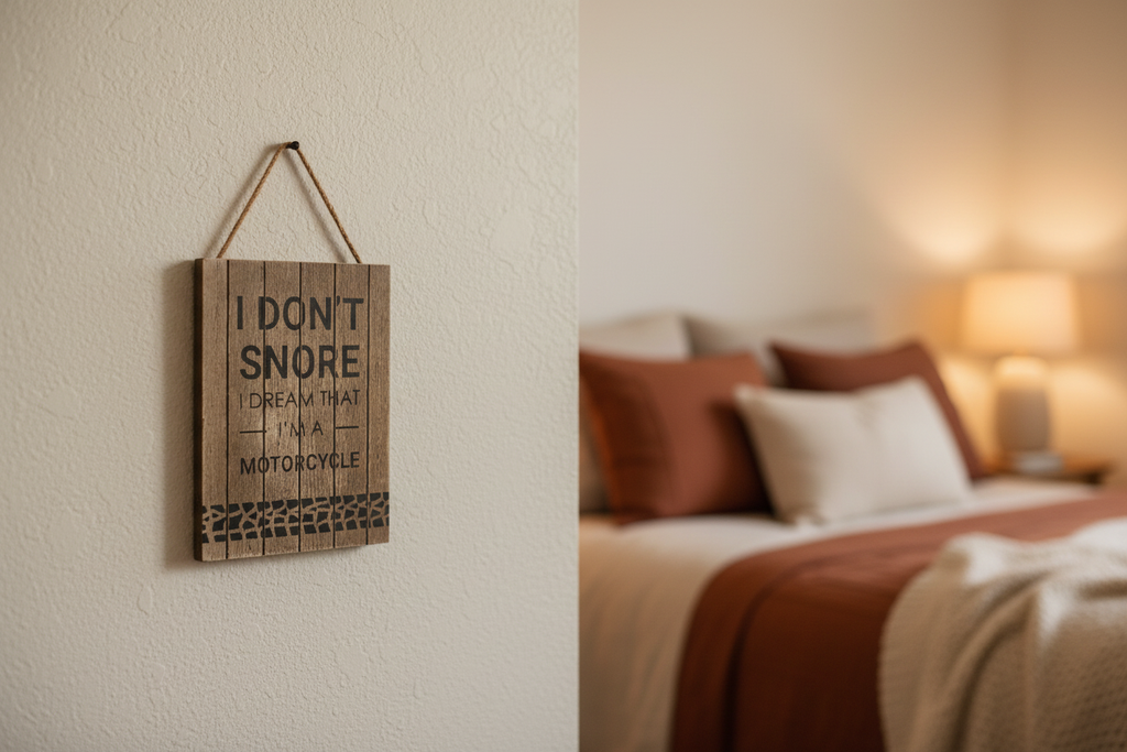I Don't Snore Sign on Bedroom Wall