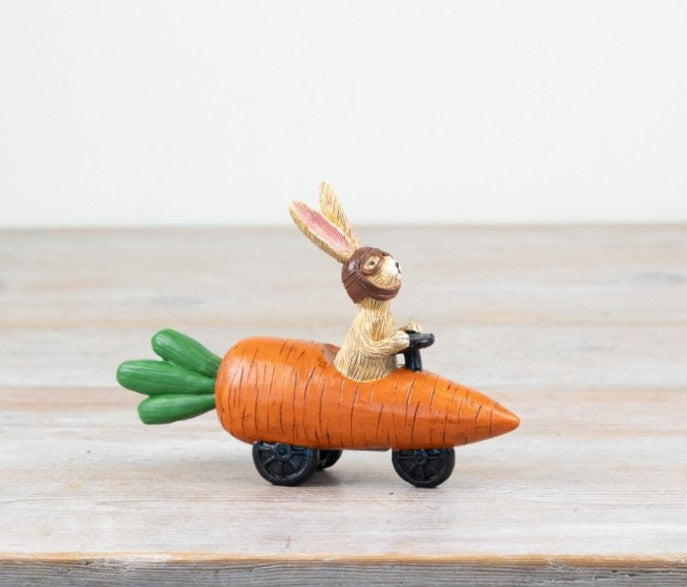 Jasper rabbit carrot car figurine, a fun and quirky decorative ornament