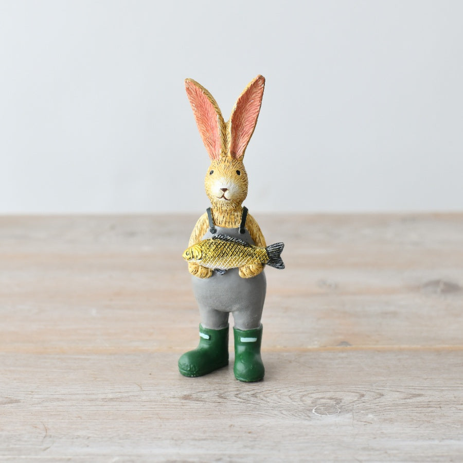 Jasper rabbit fishing figurine, a relaxed and whimsical ornament with outdoor theme