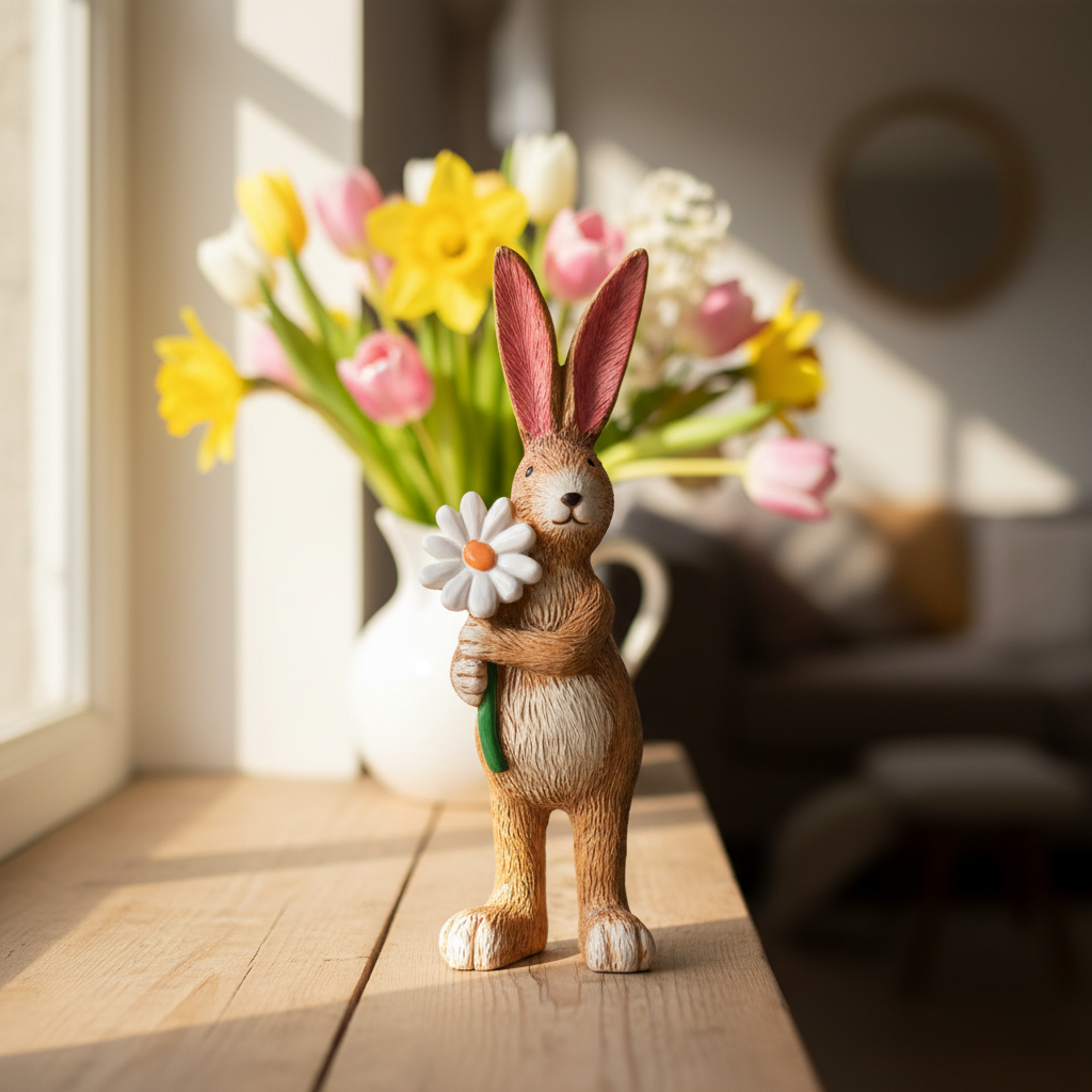 Jasper Rabbit Holding Daisy Figurine - lifestyle