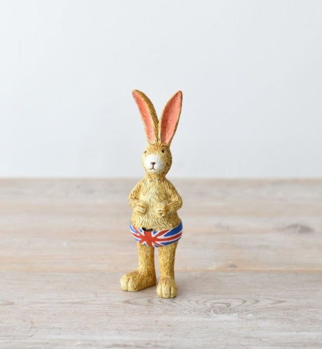 Jasper rabbit in Union Jack pants figurine, a quirky British-themed decorative piece