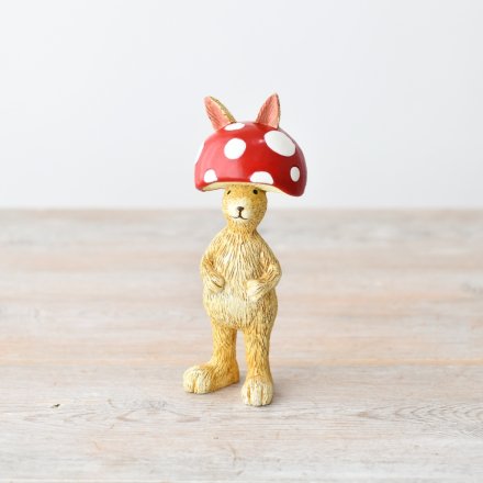 Jasper rabbit wearing mushroom hat figurine, whimsical and charming ornament