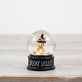 Small Halloween snow globe featuring Jasper Rabbit wearing a black witch's hat, with a pumpkin inside and "Spooky Season" printed on the black base.