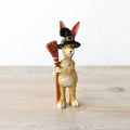 Jasper Rabbit ornament holding a broomstick and wearing a black witch's hat, ideal for Halloween and autumn home décor.