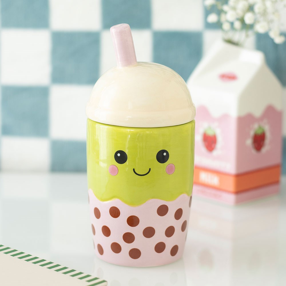 Kawaii bubble tea shaped ceramic oil burner and wax warmer with cute pastel-inspired design.