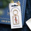 Metal keyring shaped like a playing card featuring “King Of My Heart” design and attached keyring loop.