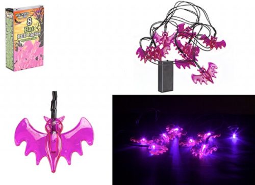Set of purple bat shaped LED string lights shown unlit with packaging box, single bat detail, and lit up glowing purple against a dark background