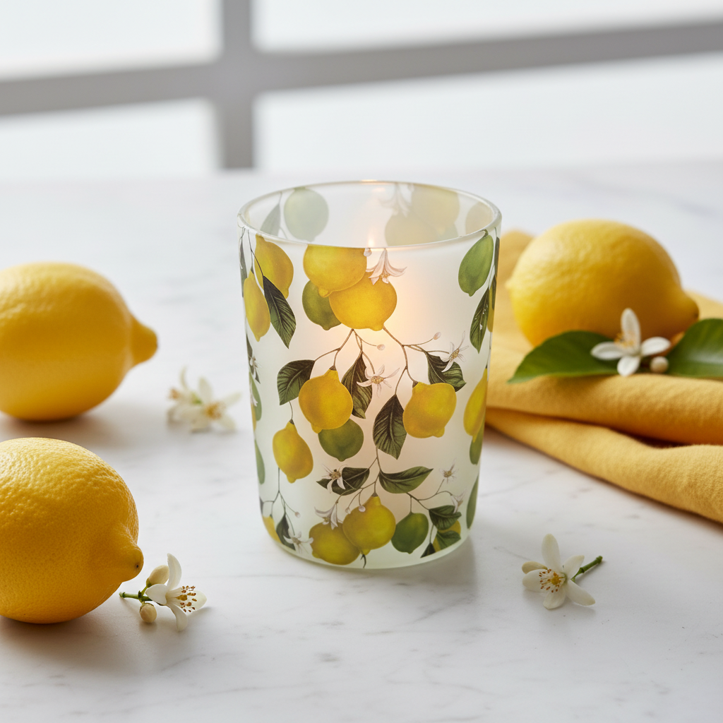 Large frosted glass lemon design votive candle holder with lit candle, styled on white marble with yellow linen and fresh lemons and white flowers