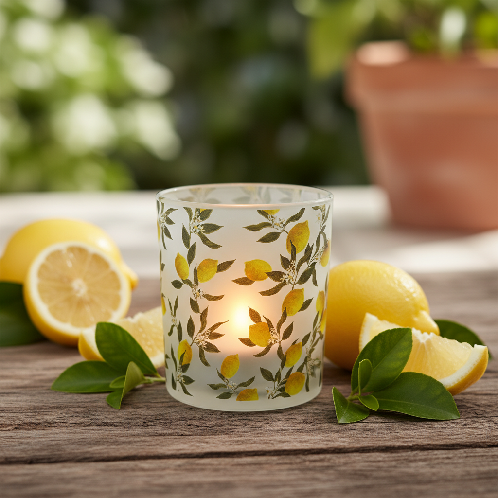 Frosted glass tealight holder with lemon and green leaf pattern, lit tealight inside casting warm glow, styled on rustic wood with fresh lemons and leaves