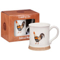 Country Life embossed cockerel ceramic tankard mug shown in front of its gift box packaging on a white background
