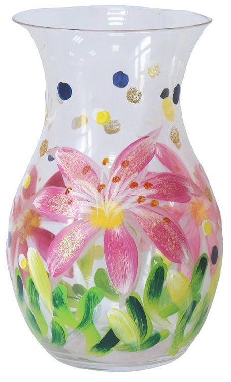 Hand-painted glass vase with detailed lily flower design, 19cm tall, elegant decorative home accent