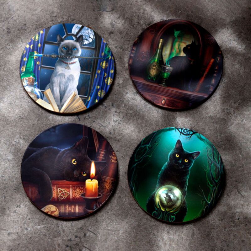 Lisa Parker Magic Cats set of 4 cork backed coasters featuring mystical cat artwork and fantasy-inspired designs.
