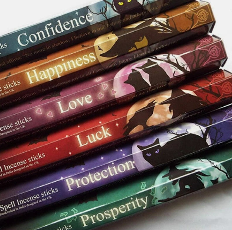 Lisa Parker illustrated incense sticks in various scents, mystical themed home fragrance