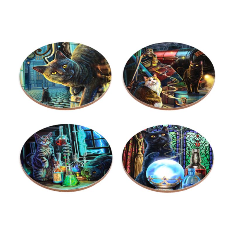 Lisa Parker New Magic Cats set of 4 cork backed coasters featuring enchanting feline fantasy artwork.