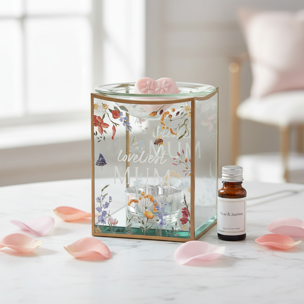 Loveliest Mum floral glass oil burner on marble surface with rose petals and wax melt cube
