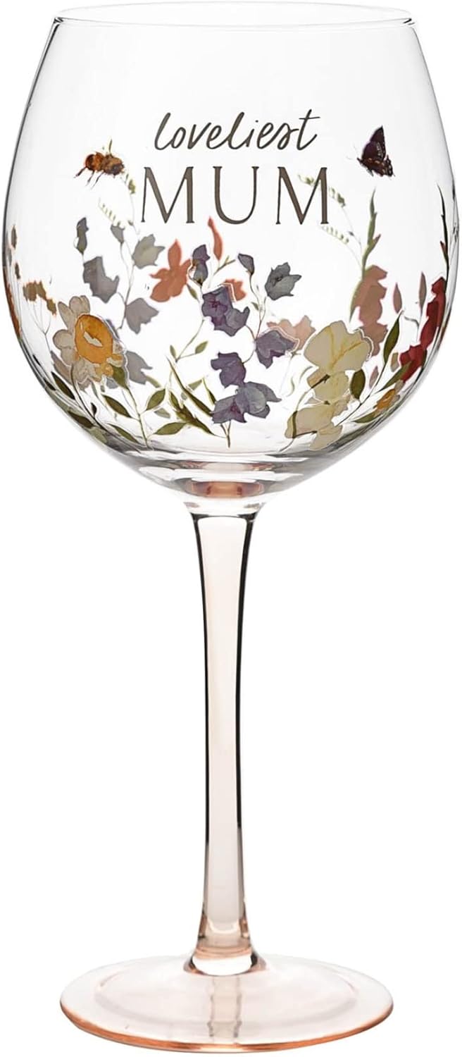Large balloon-style gin glass featuring delicate wildflower illustrations, “Loveliest Mum” lettering, and a contrasting pink stem, presented in a decorative gift box.