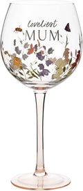 Large balloon-style gin glass featuring delicate wildflower illustrations, “Loveliest Mum” lettering, and a contrasting pink stem, presented in a decorative gift box.