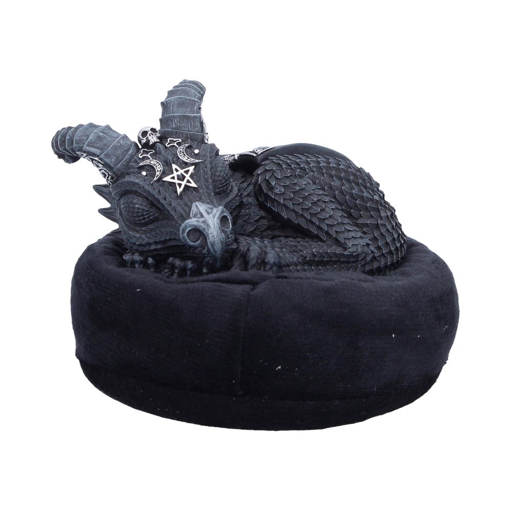 Cult Cuties Lucifly Dreams Figure — black resin sleeping dragon ornament with curved horns, silver skull, pentagram and moon charms, curled on a round black bean bag pillow, 9.1cm