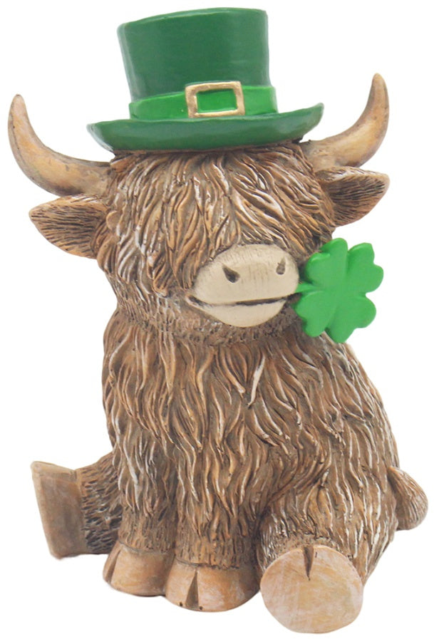 Highland cow ornament holding a clover featuring “Lucky Boy” theme with detailed countryside-inspired decorative design.