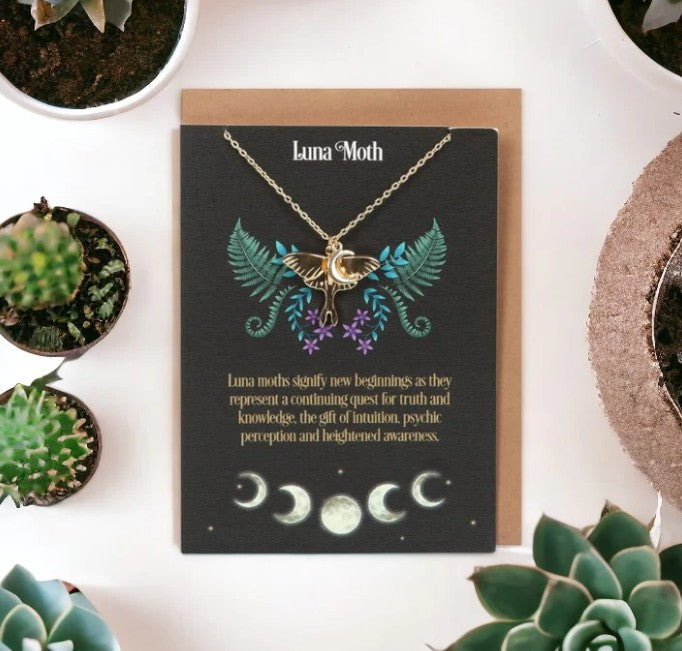 Luna moth necklace with matching greeting card, a delicate nature-inspired gift set