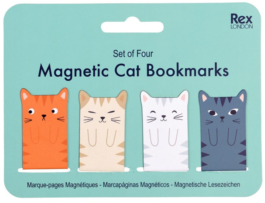 Set of four magnetic cat bookmarks featuring cute orange, cream, white and grey cat designs on retail packaging.
