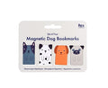 Set of four magnetic dog-themed bookmarks featuring colourful cartoon dog designs on retail packaging.
