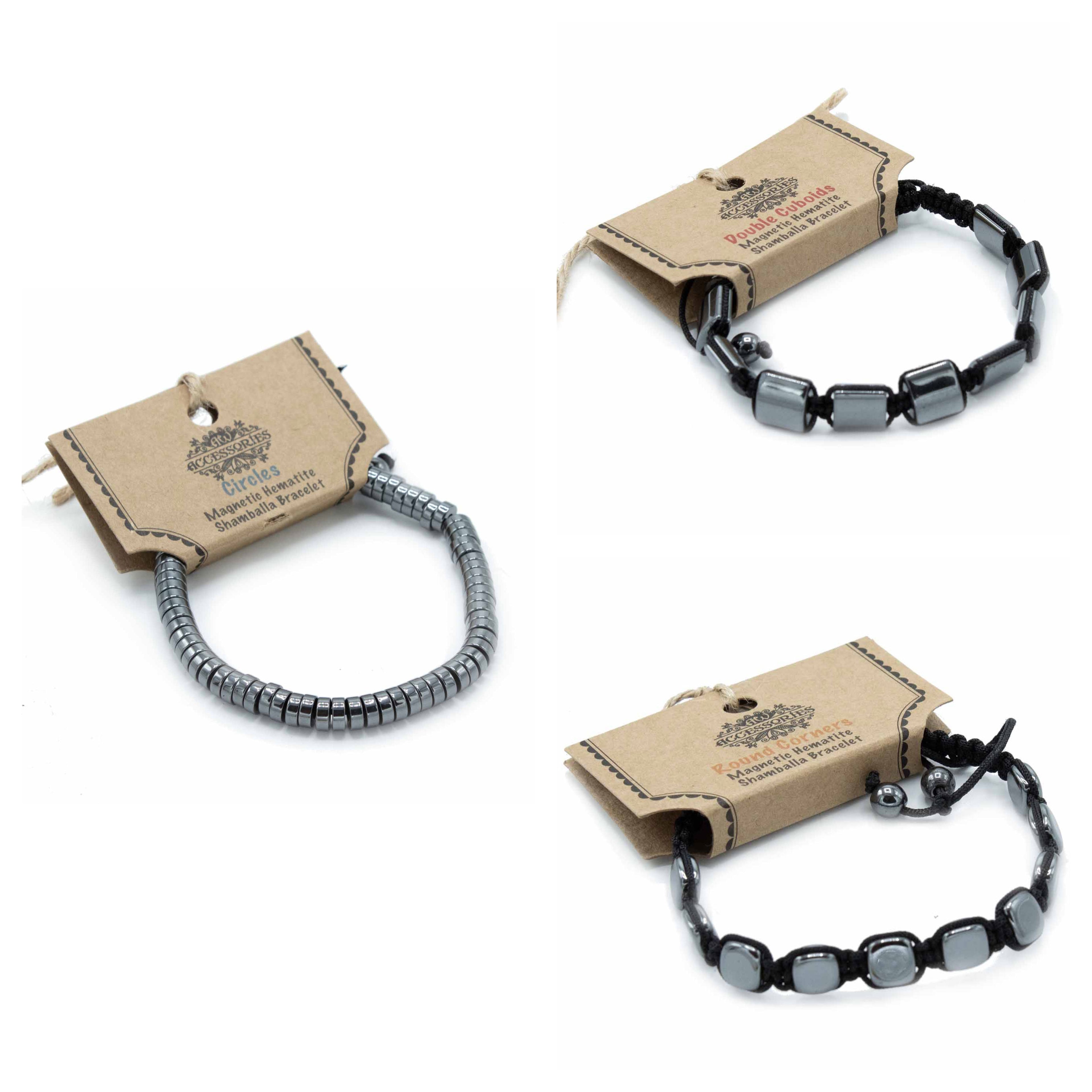 Magnetic hematite Shamballa bracelets featuring polished bead design and adjustable braided fastening.