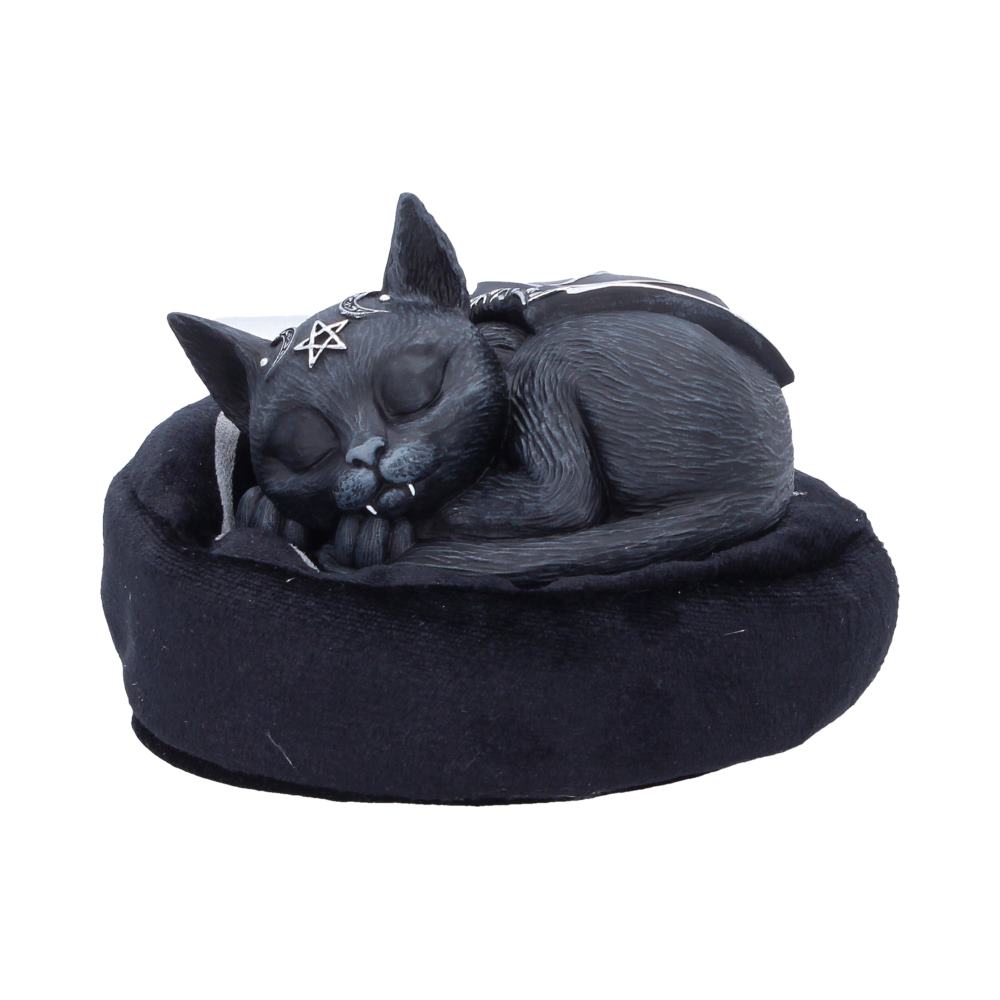 Cult Cuties Malpuss Dreams Figure — black resin sleeping cat ornament with bat wings and silver pentagram crown, curled up on a round black bean bag pillow, 8.8cm