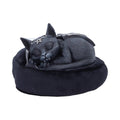 Cult Cuties Malpuss Dreams Figure — black resin sleeping cat ornament with bat wings and silver pentagram crown, curled up on a round black bean bag pillow, 8.8cm