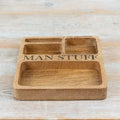 Wooden compartment tray labeled “Man Stuff” with multiple sections for organising small items and accessories.