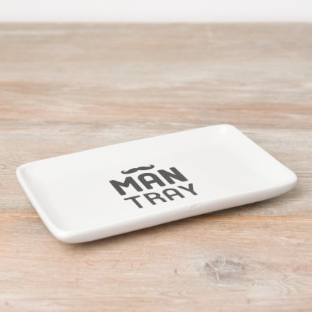 Ceramic trinket dish featuring “Man Tray” text, designed for storing keys, coins, jewellery, and small everyday essentials.