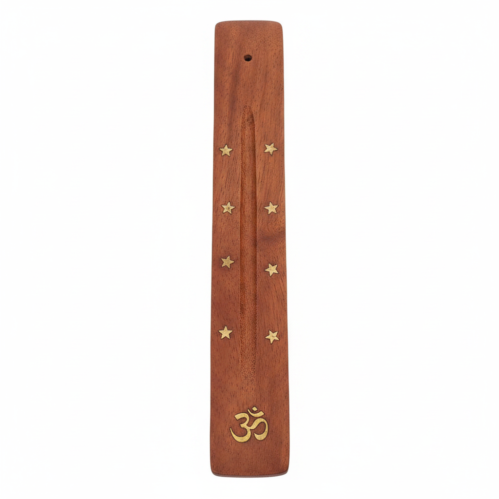 Mango Wood Incense Holder With Brass Inlay - detail