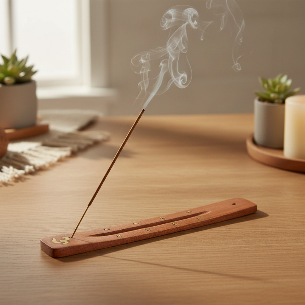 Mango Wood Incense Holder With Brass Inlay - lifestyle