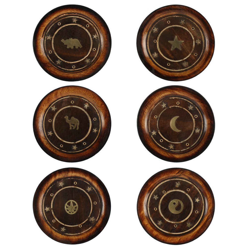 Round mango wood incense holder with brass inlay, handcrafted style for a warm and decorative touch