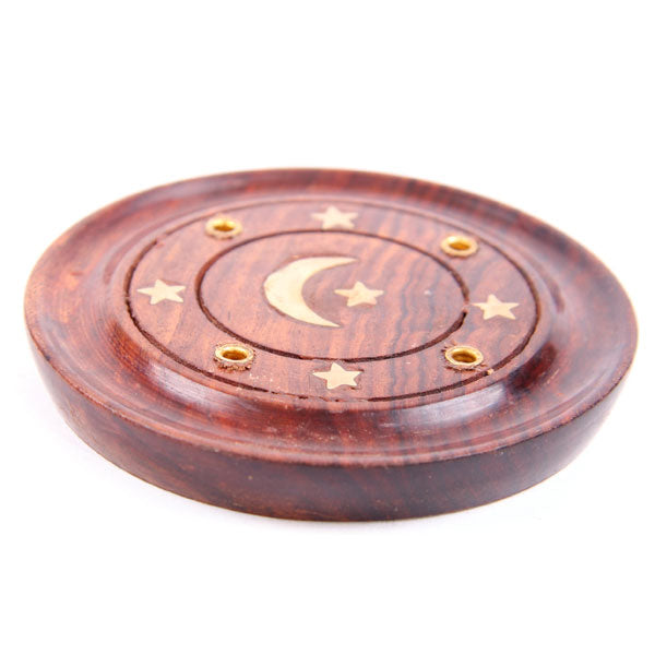 Mango Wood Round Incense Holder With Brass Inlay