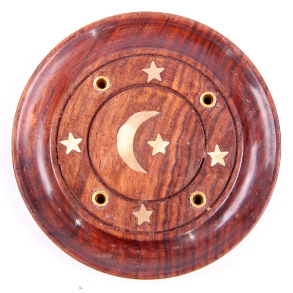 Mango Wood Round Incense Holder With Brass Inlay