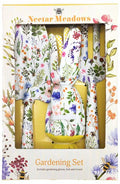 Nectar Meadows 3-piece gardening set including matching trowel, fork, and gardening gloves with coordinating floral-inspired design.