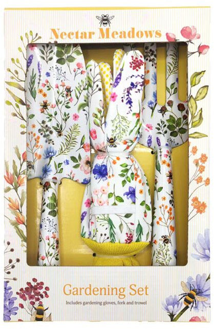 Nectar Meadows 3-piece gardening set including matching trowel, fork, and gardening gloves with coordinating floral-inspired design.