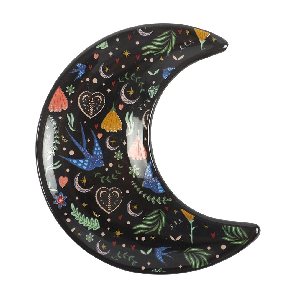 Midnight Bloom Folk Art Crescent Moon Trinket Dish