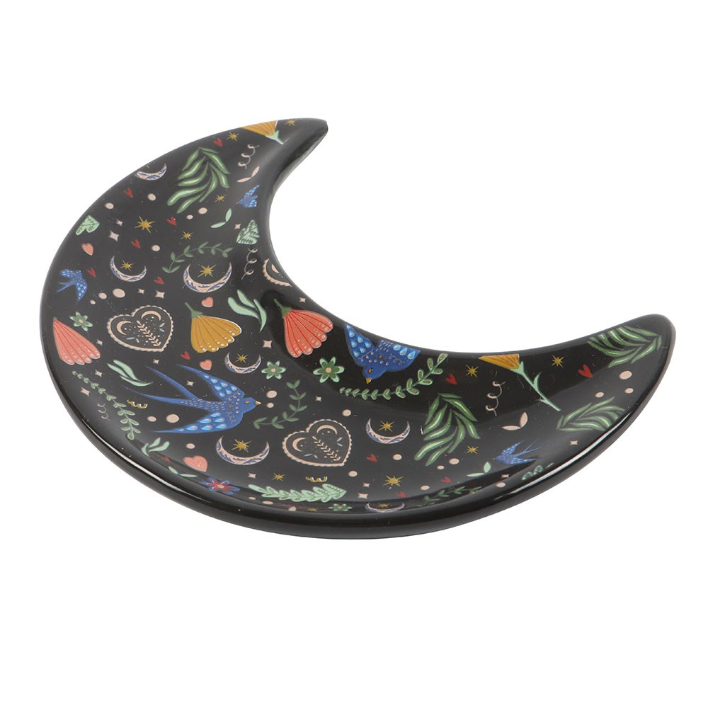 Midnight Bloom Folk Art Crescent Moon Trinket Dish