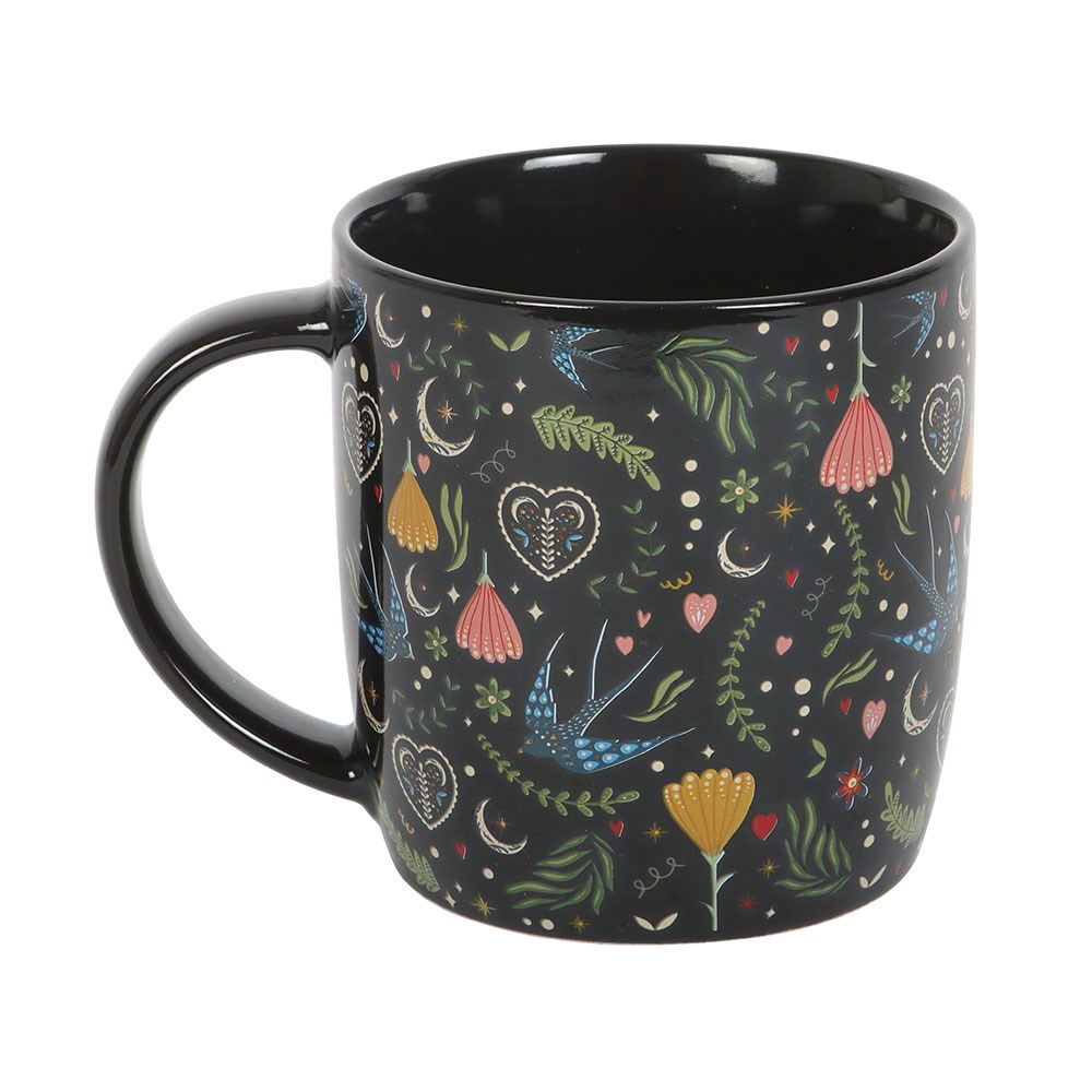 Black Midnight Bloom Folk Art Mug